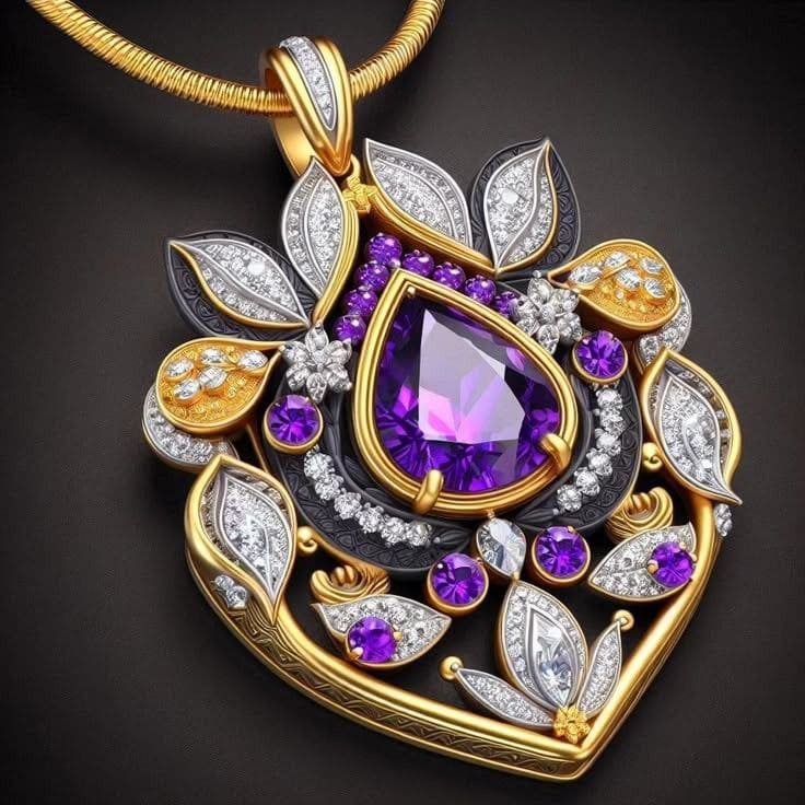 Liontin Batu Ungu Premium dengan Desain Floral Mewah