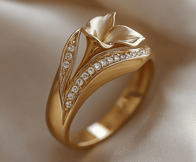 Cincin Emas Elegan Bermotif Bunga dengan Sentuhan Berlian